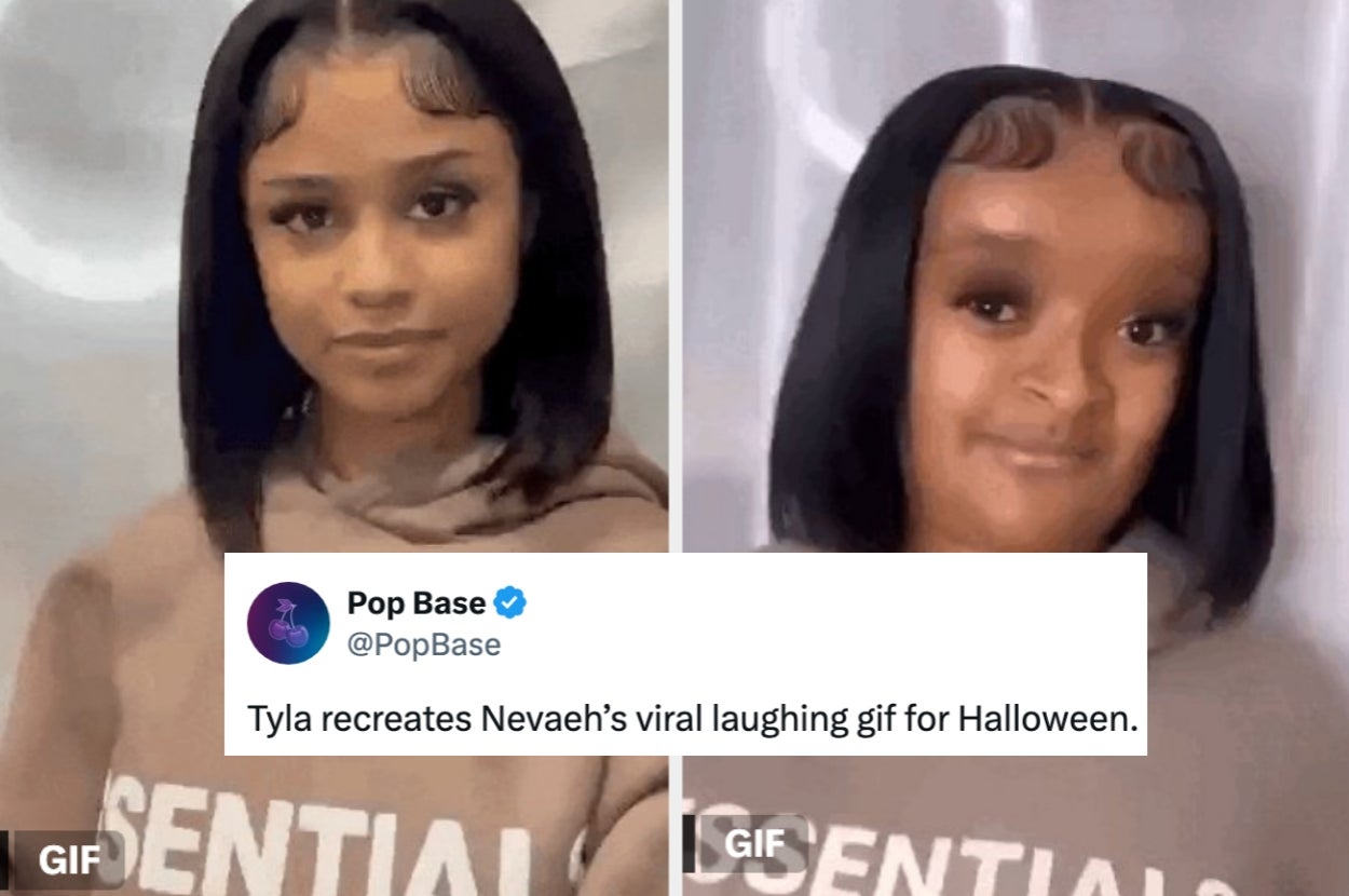 Two side-by-side images show a woman mimicking a viral laughing GIF. She wears casual attire. Text: "Tyla recreates Nevaeh’s viral laughing gif for Halloween."