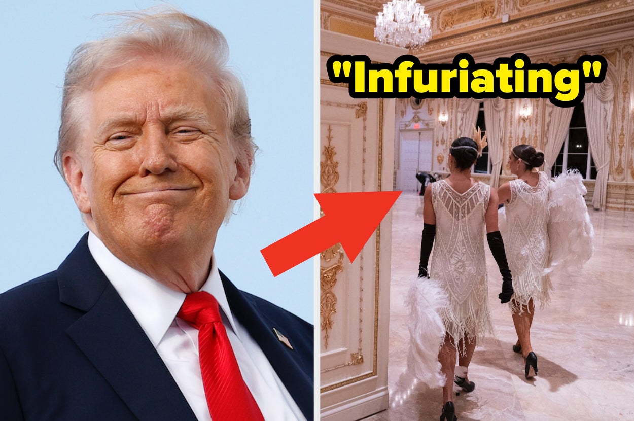 Left: A person in a suit smiling; right: two people in sparkling dresses with feathers in an ornate room, with "Infuriating" in bold text