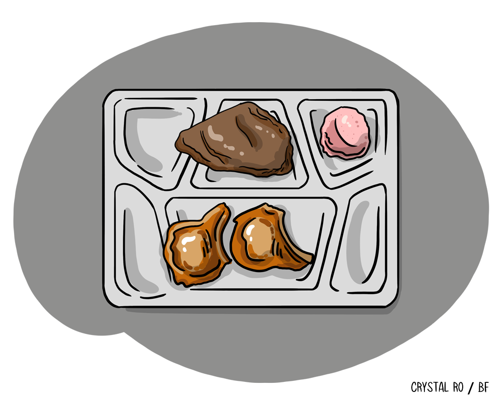 Illustration of a cafeteria tray with a piece of meat, a scoop of mashed potatoes, and two servings of carrots