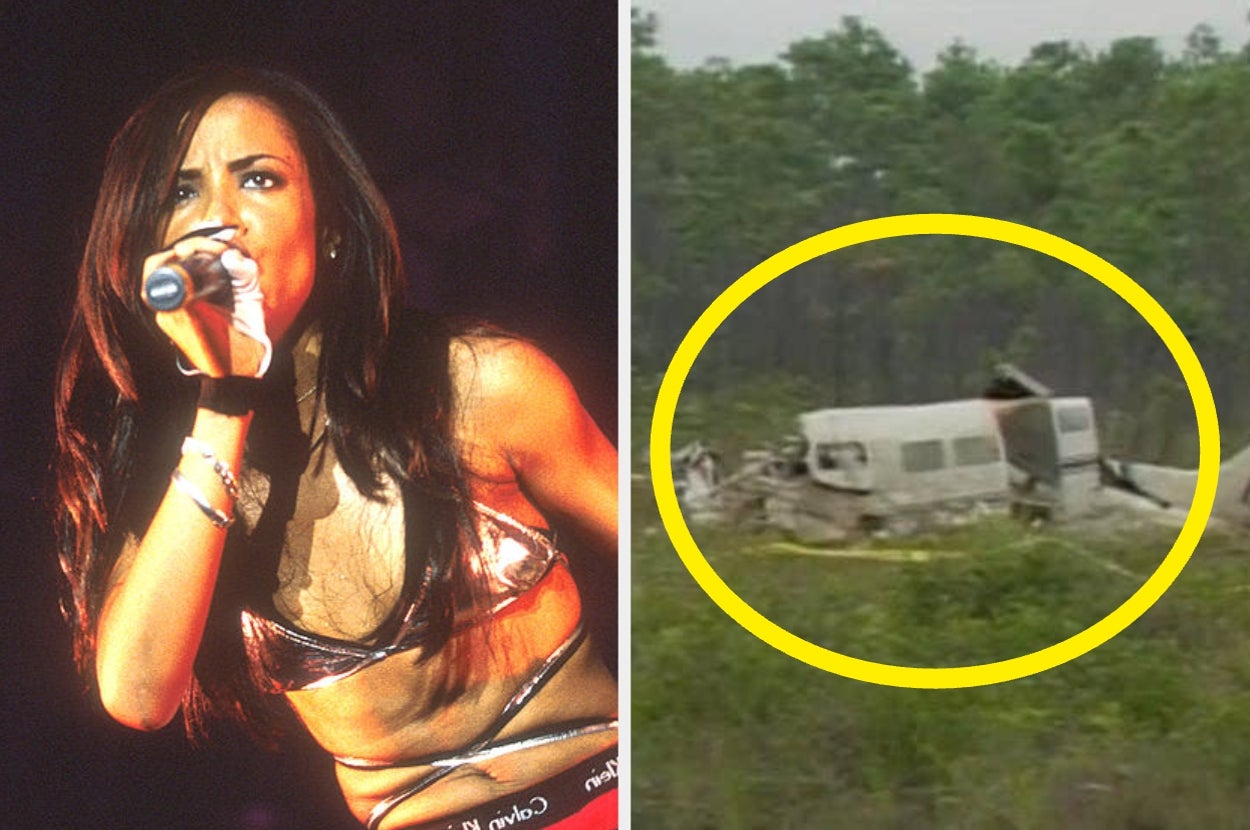 Singer passionately performs on stage holding a mic; adjacent image shows a crashed plane in a wooded area marked by a yellow circle