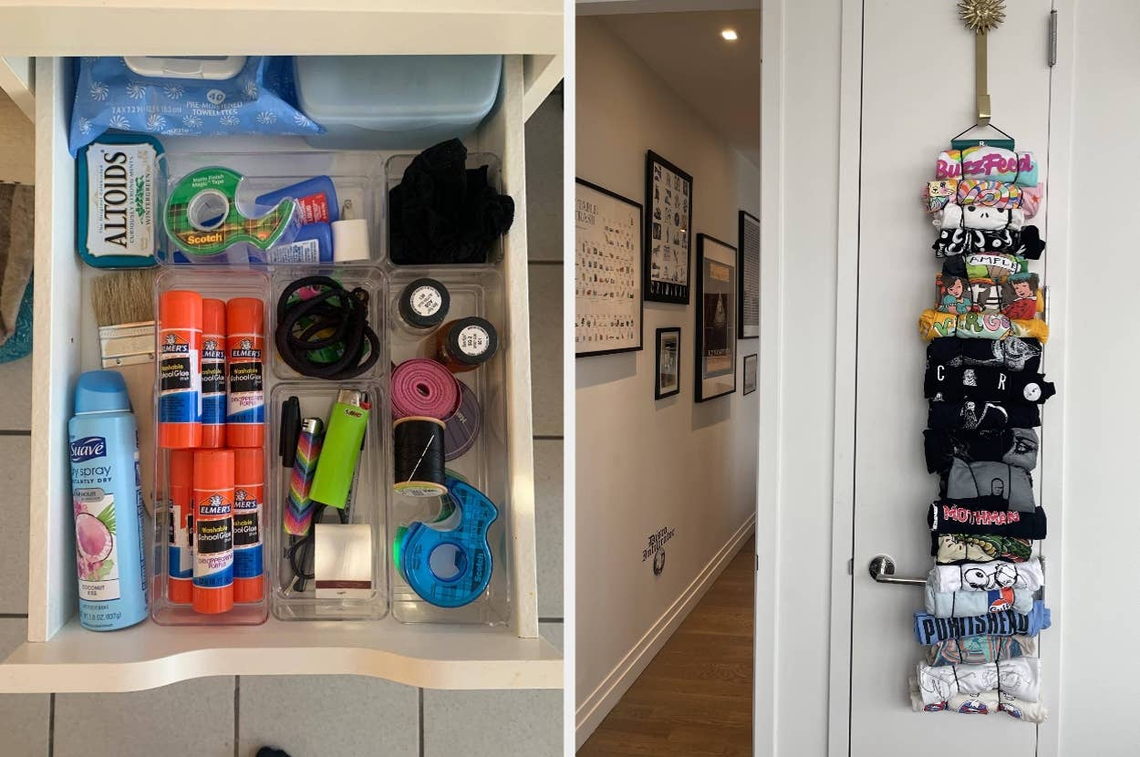 Organized drawer with school supplies like glue sticks, tape, and markers. Hanging organizer on door with socks featuring various designs