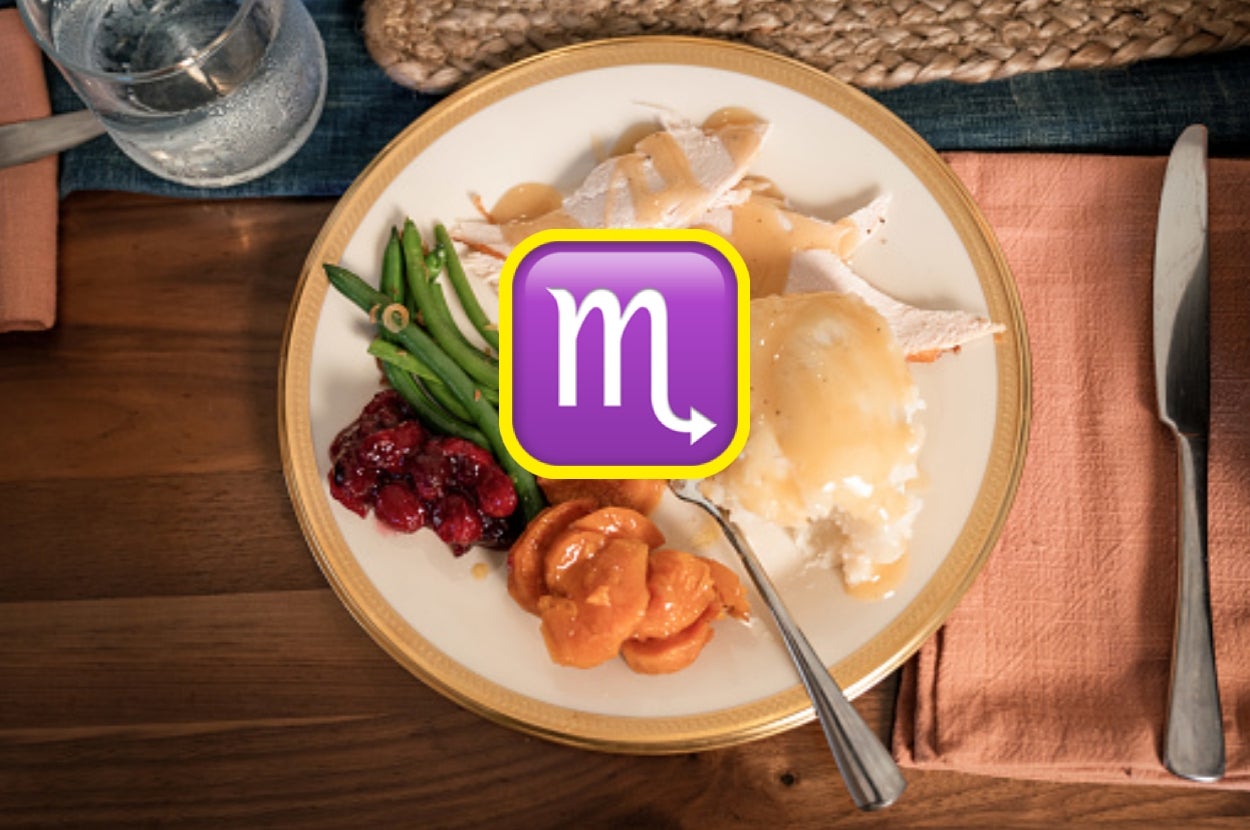 Plate of Thanksgiving food with mashed potatoes, green beans, cranberries, and turkey. A Scorpio zodiac symbol is overlaid in the center