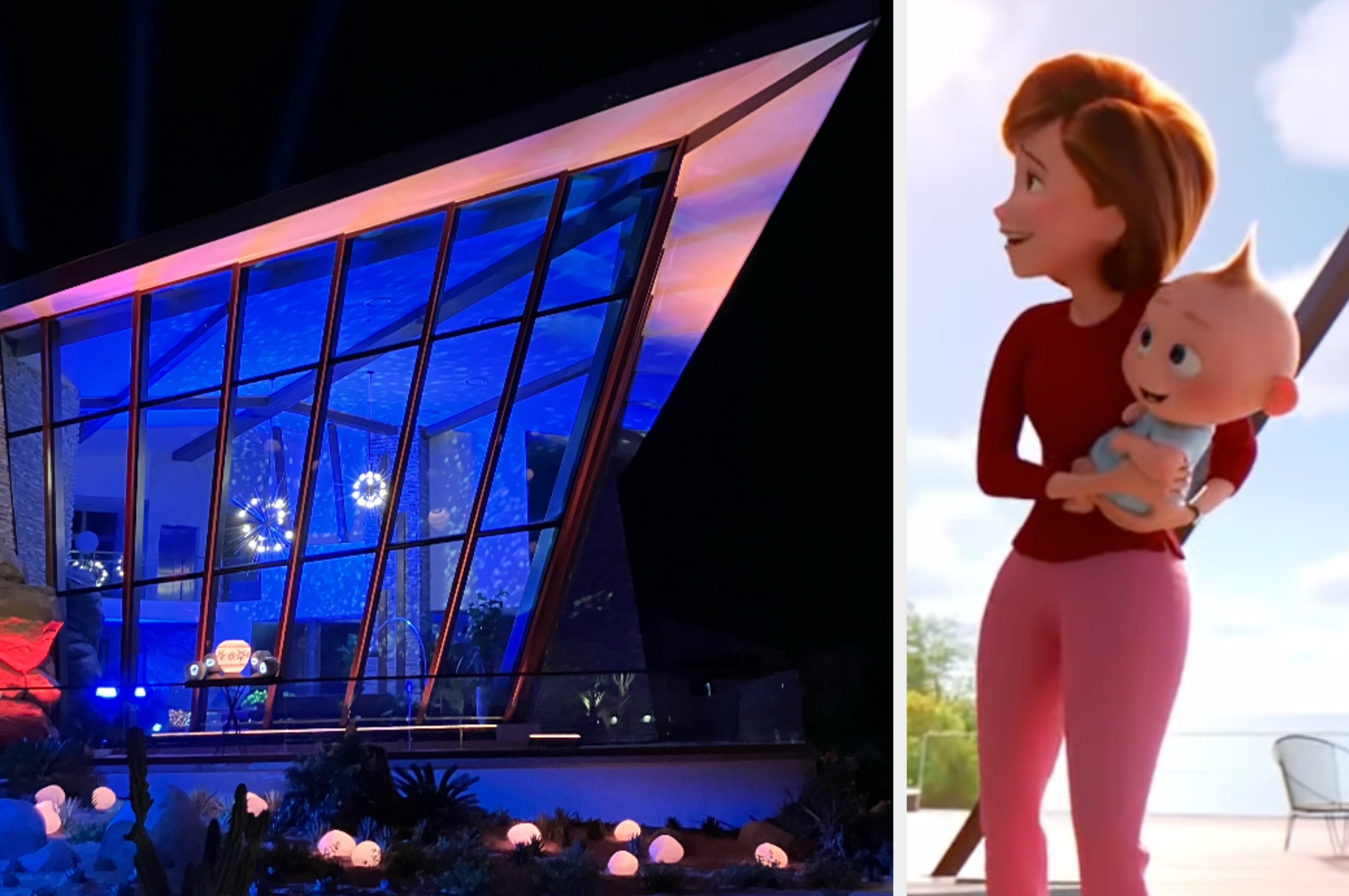 Modern angular building with large glass facade alongside an animated character holding a baby outdoors
