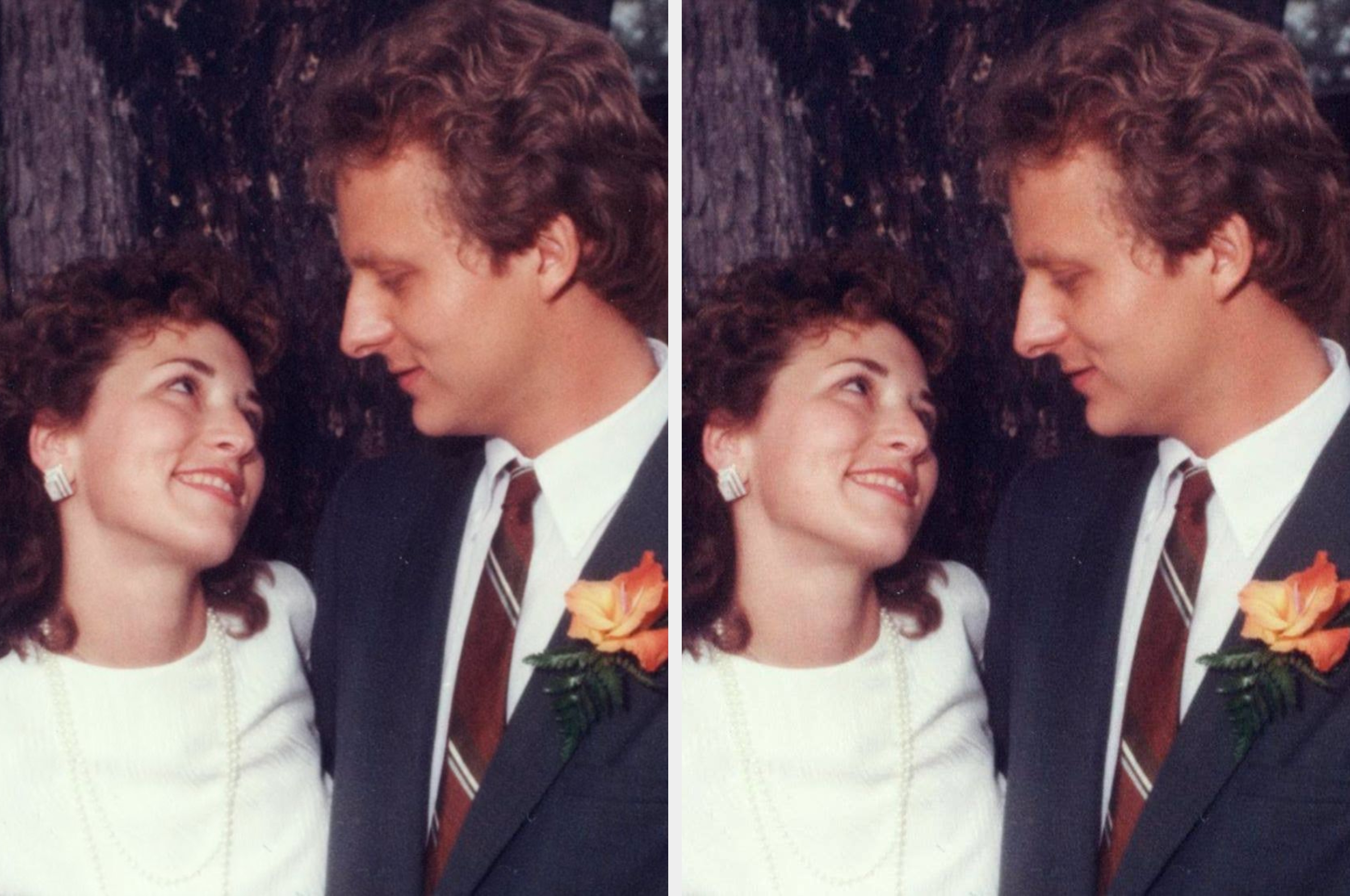 A couple in wedding attire looks at each other fondly; next to it, a hand holds a phone with highlighted text saying, "In April, I received a call from Rebecca's close friend..."