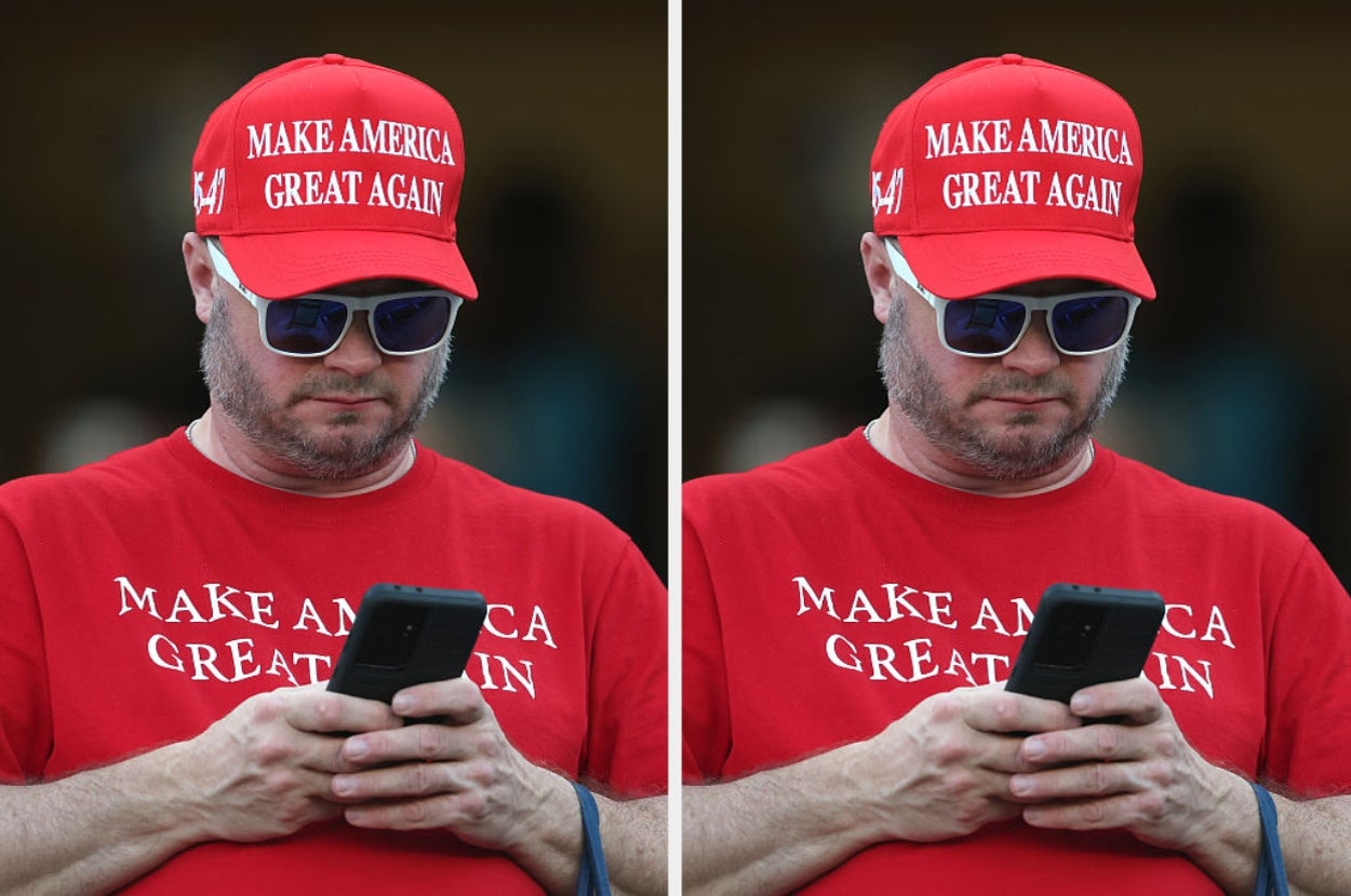 Two images show a man in a "Make America Great Again" hat and shirt, using his phone while looking down