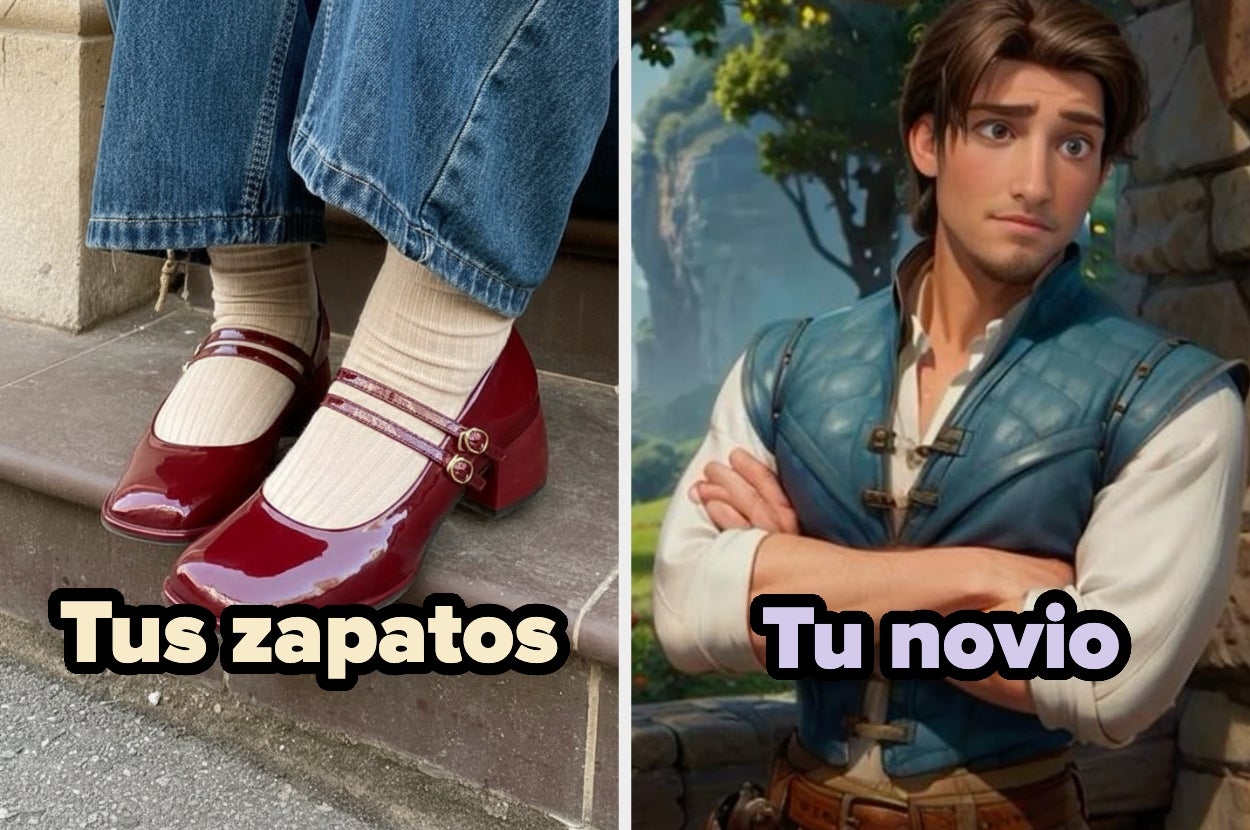 Left: Person wearing shiny shoes with socks. Right: Animated character in a blue vest with arms crossed, looking contemplative. Text: "Tus zapatos" and "Tu novio."