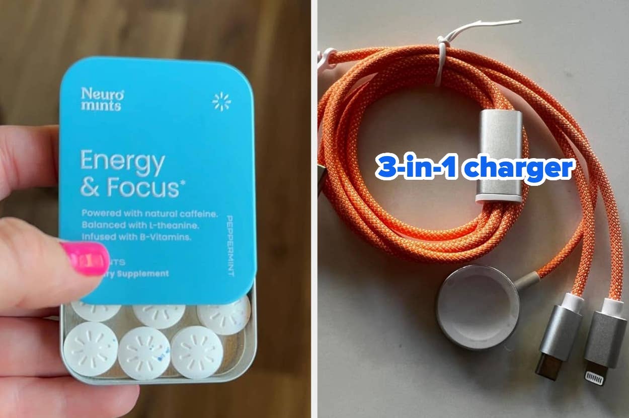 Mint tin labeled "Energy & Focus" next to a 3-in-1 charging cable with multiple connectors
