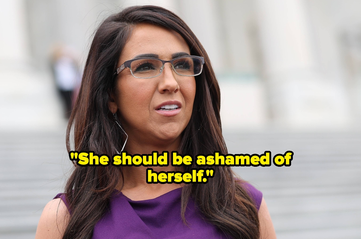 Person wearing glasses with long hair, standing outdoors, text overlaid reads: "She should be ashamed of herself."