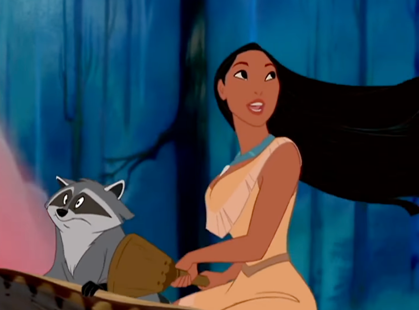 Animated quality  with agelong  hairsbreadth  paddles a canoe alongside a raccoon successful  a wood  setting