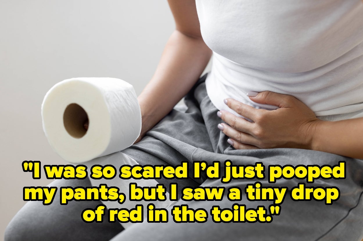 Person holding toilet paper, seated, with text: "I was so scared I’d just pooped my pants, but I saw a tiny drop of red in the toilet."