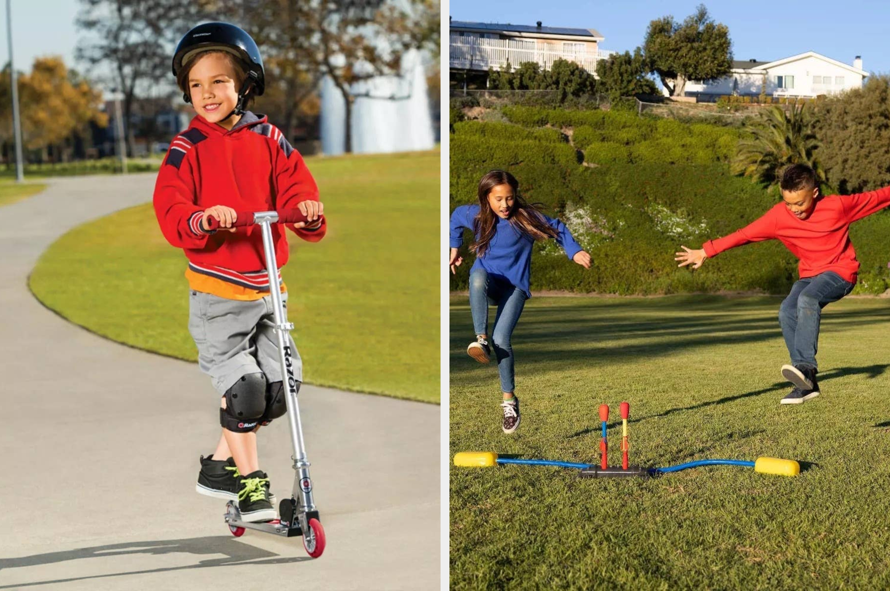 Child riding a scooter with knee pads on left; another child climbing a tree with colorful handholds on right. Both outdoors, smiling