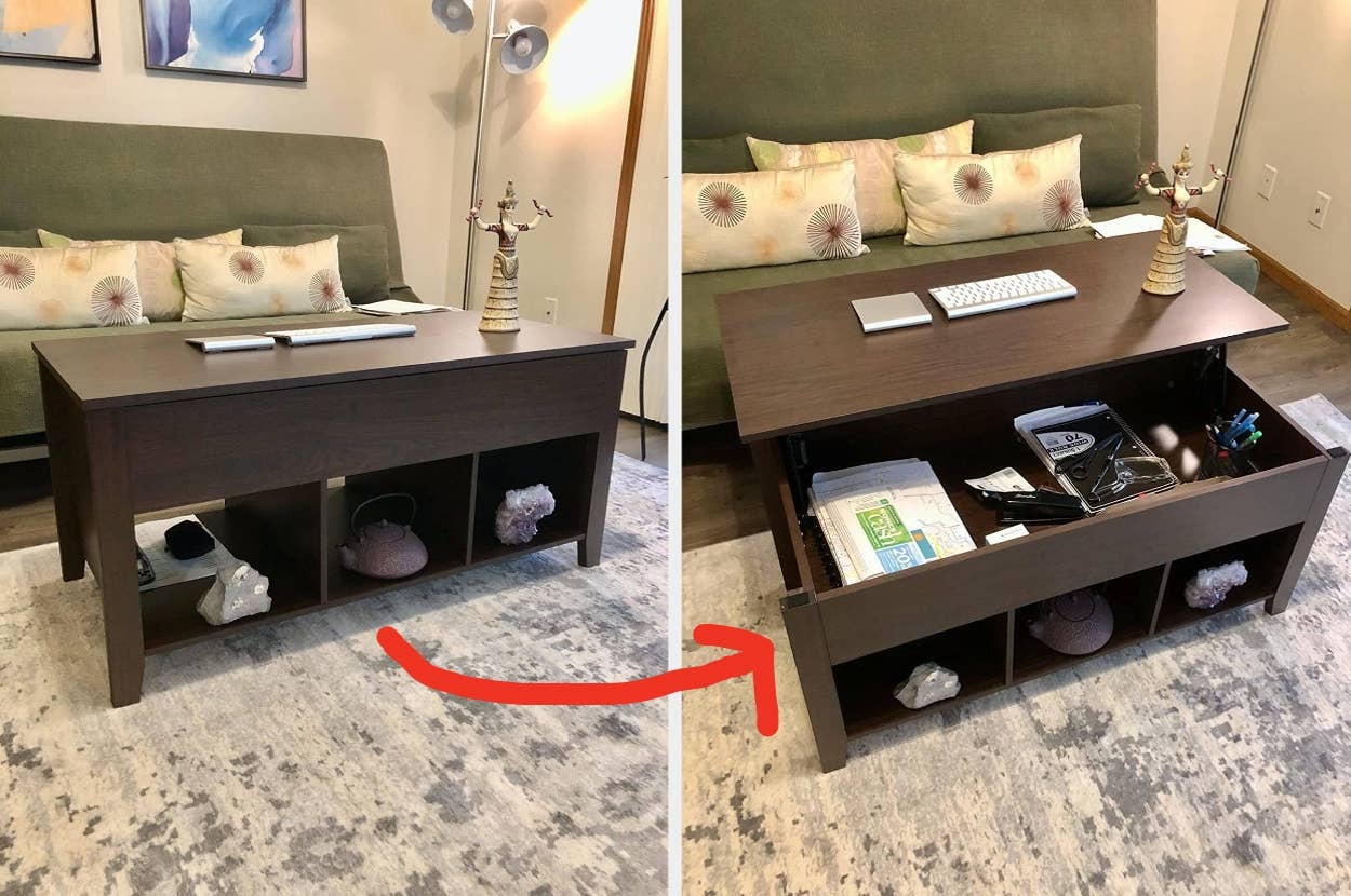 A coffee table with a lift-top feature reveals storage space, showcasing convenience for organizing small living spaces