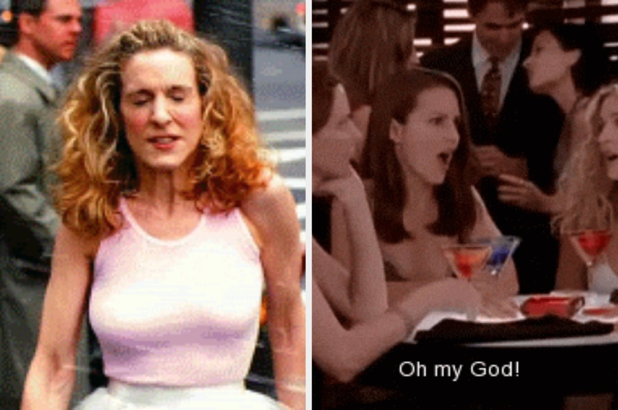 Left: Person wearing a sleeveless top and tutu on a street. Right: Group sitting at a bar, one with an open mouth in surprise and drinks on the table
