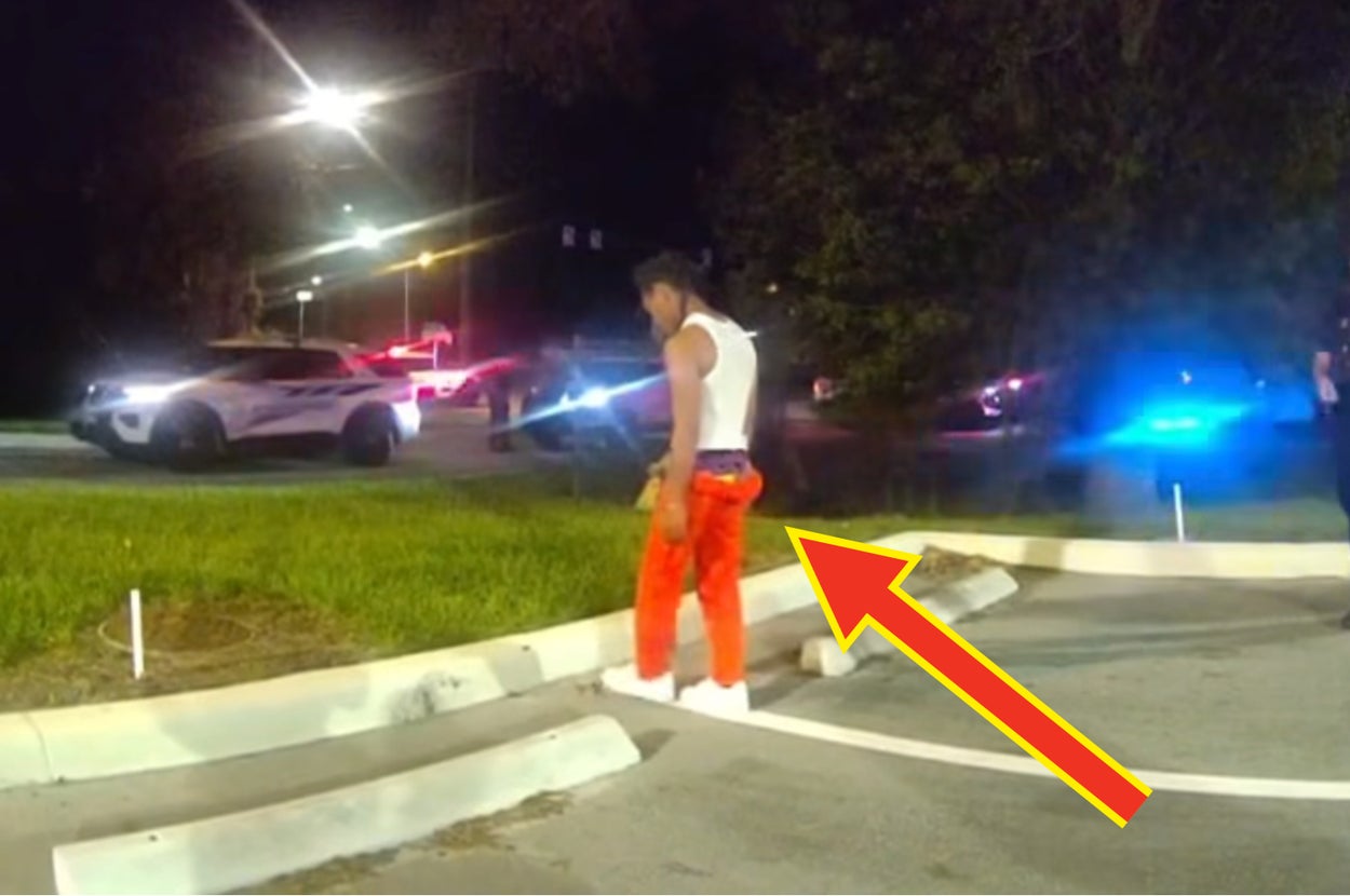 夜間、駐車場で警察官に囲まれている人物。警察車両のライトが点灯している。