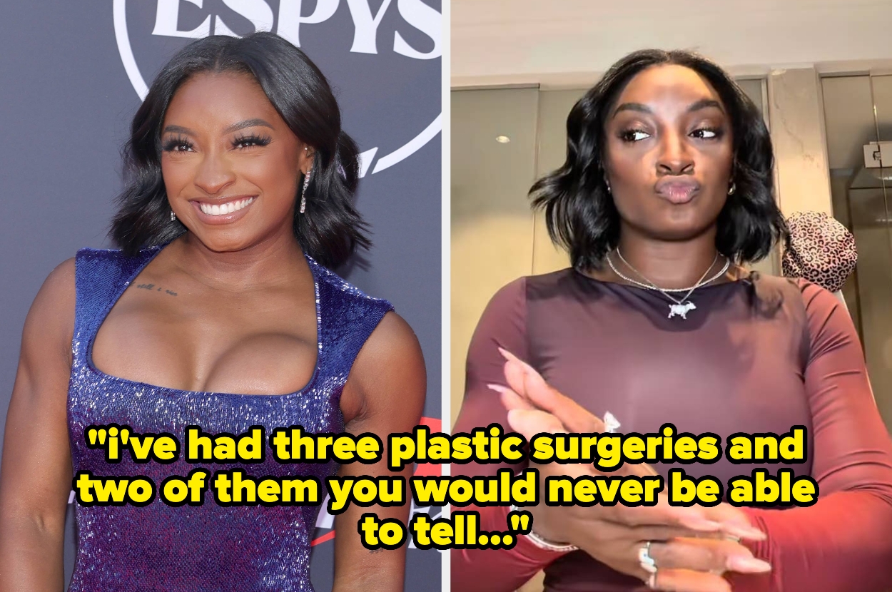 Split image of Simone Biles at an event and speaking in a TikTok video. Text: "i've had three plastic surgeries and two of them you would never be able to tell..."