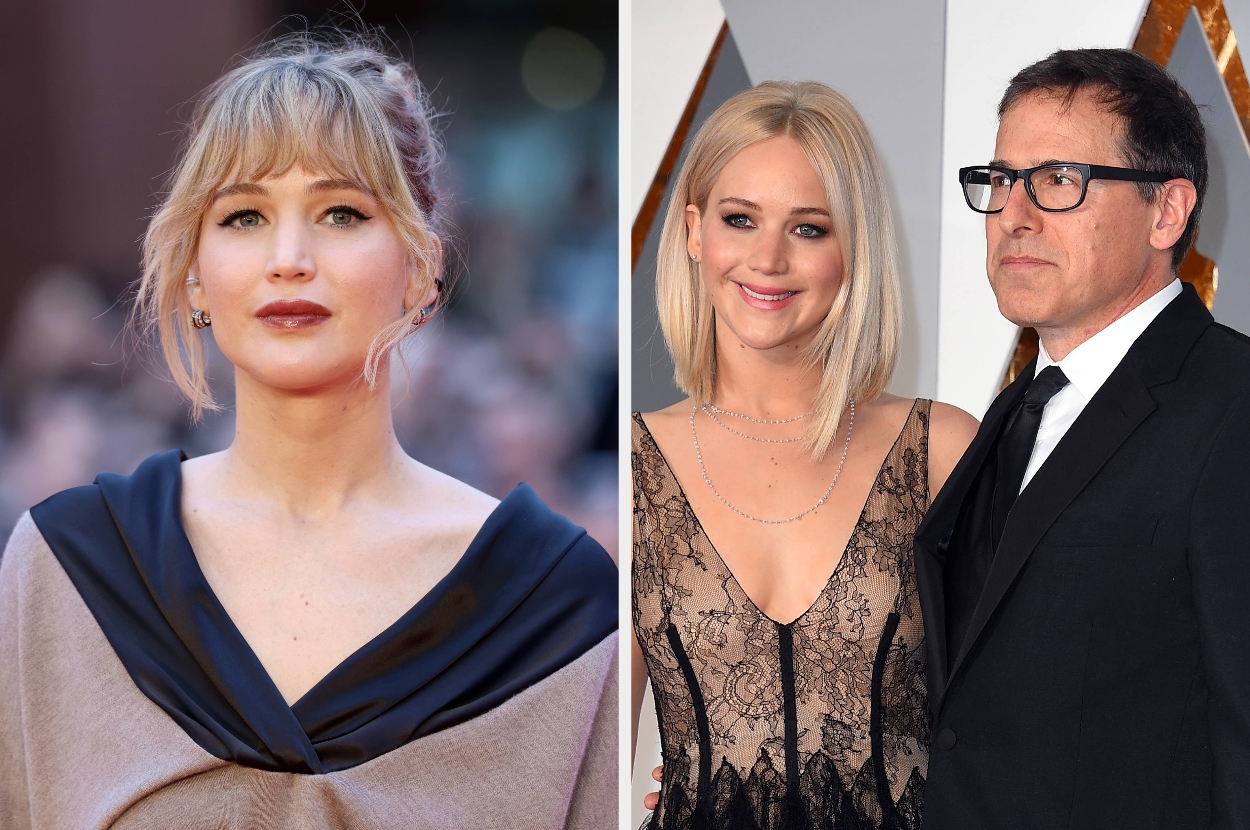 Left: Jennifer Lawrence at an event. Right: Jen with David O. Russell on a red carpet