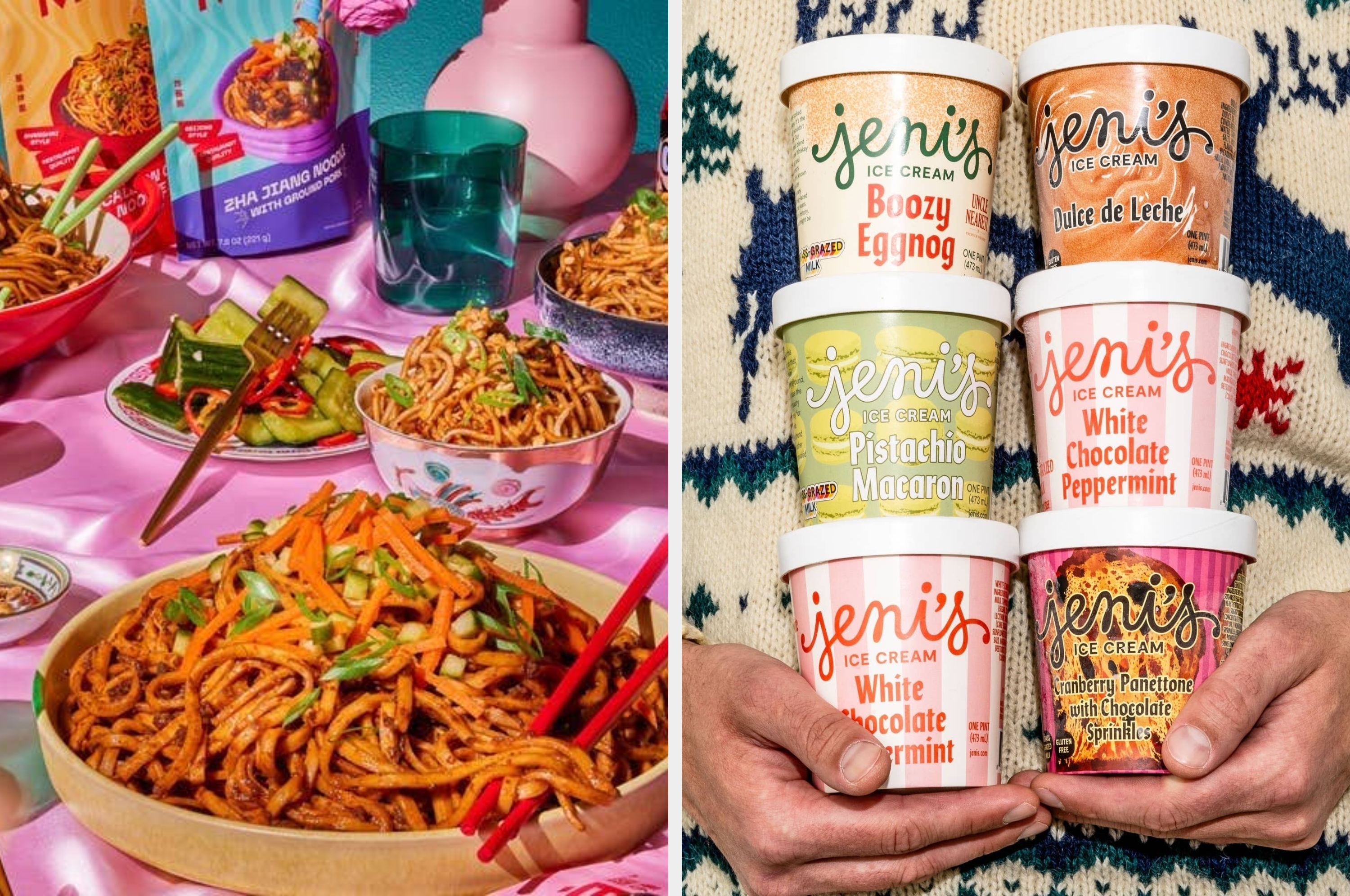 Noodles in a bowl with vegetables; hands holding Jeni's Ice Cream pints in various flavors. Shopping focus on food items