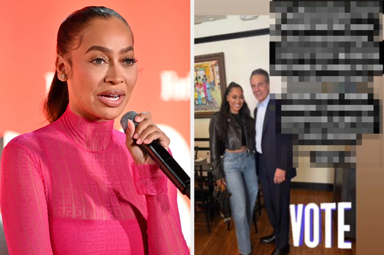 La La Anthony speaking into a microphone at an event, wearing a stylish turtleneck vs La La Anthony poses with Andrew Cuomo indoors