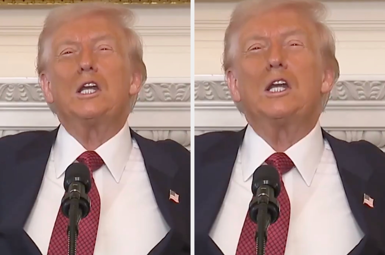 Two side-by-side images of a person in a suit and tie speaking at a podium