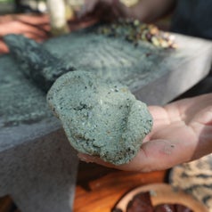 Hand holding a piece of masa dough next to a stone grinder, commonly used to make tortillas