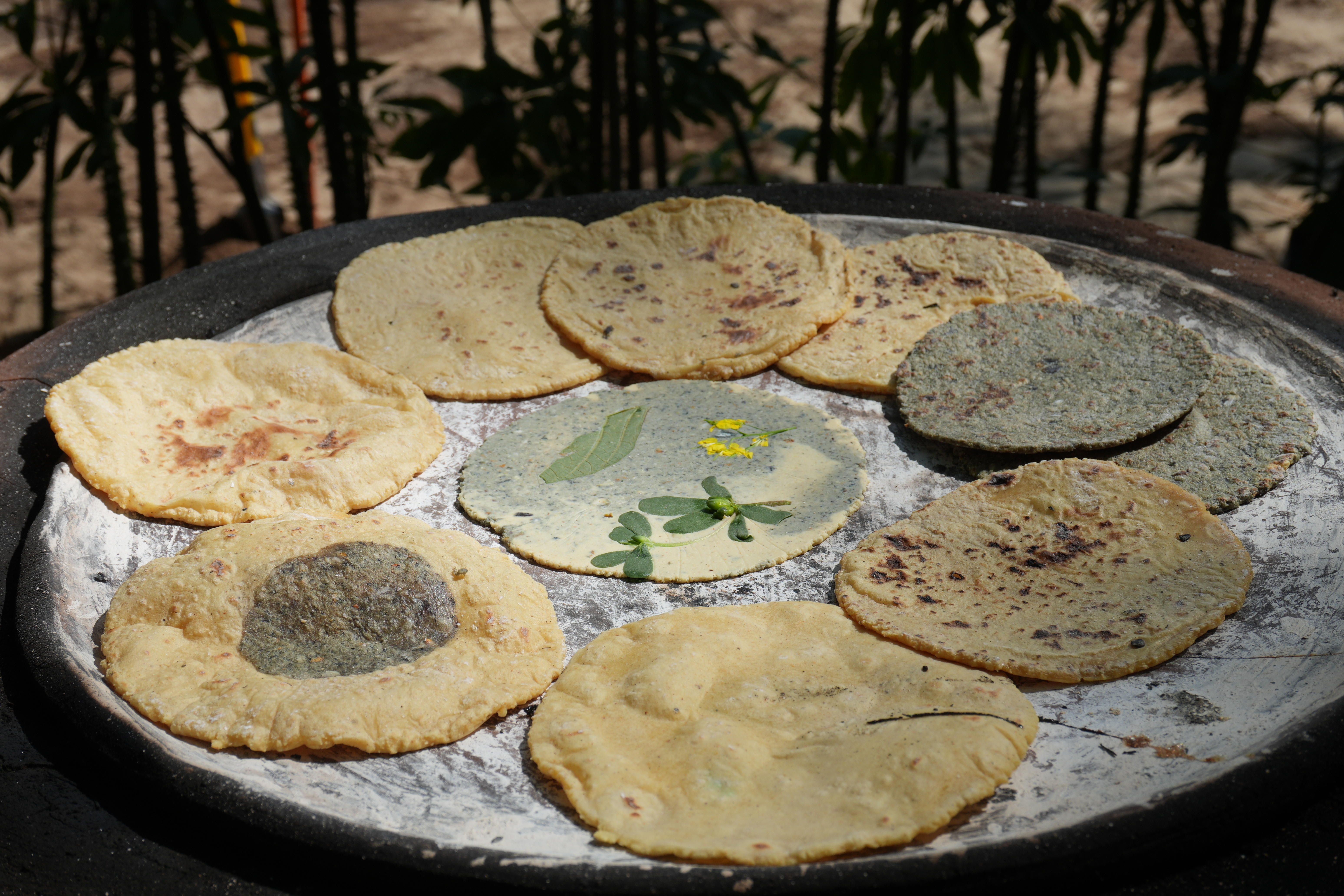 Various flatbreads on a large outdoor griddle, some with leaves or herbs embedded in the dough, cooking under natural light