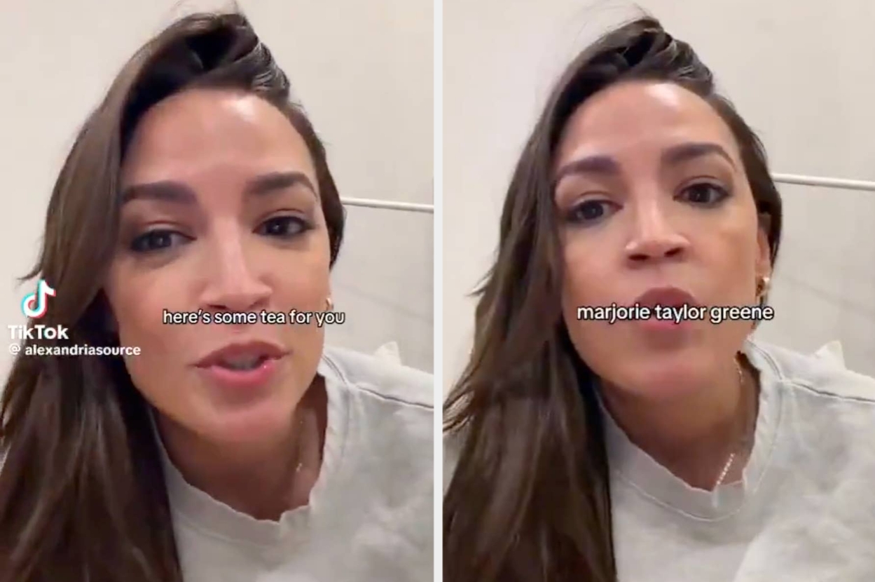 Person in two-panel video, each showing text overlays: "here's some tea for you" and "marjorie taylor greene."