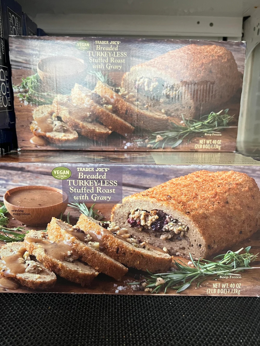 Trader Joe&#x27;s vegan breaded turkey-less stuffed roast with gravy packaging on display