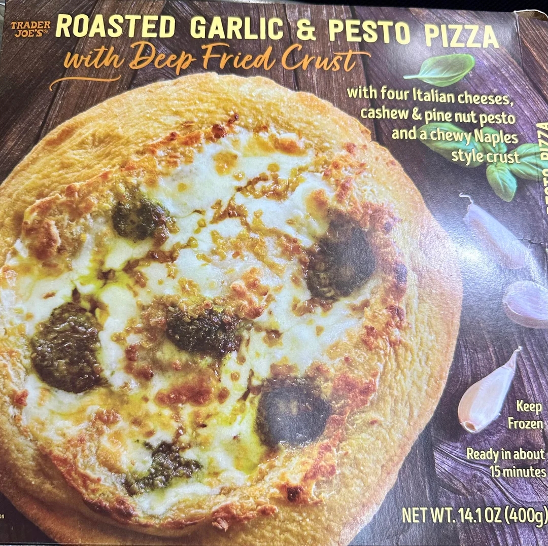 Roasted garlic and pesto pizza with deep fried crust, featuring four Italian cheeses, cashew and pine nut pesto. Ready in 15 minutes