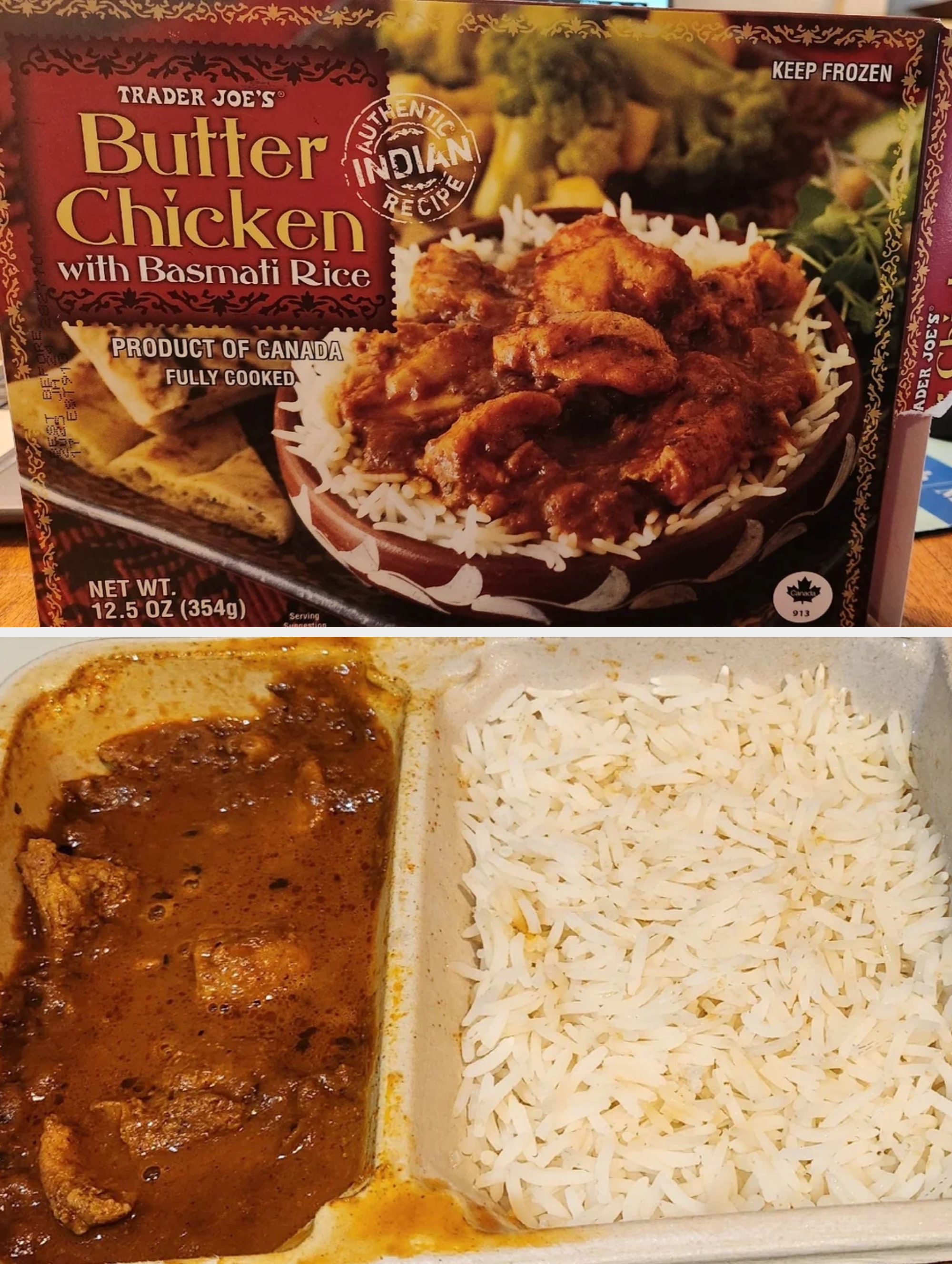 Trader Joe&#x27;s Butter Chicken with Basmati Rice package, showing fully cooked dish with naan on the packaging, labeled as a product of Canada