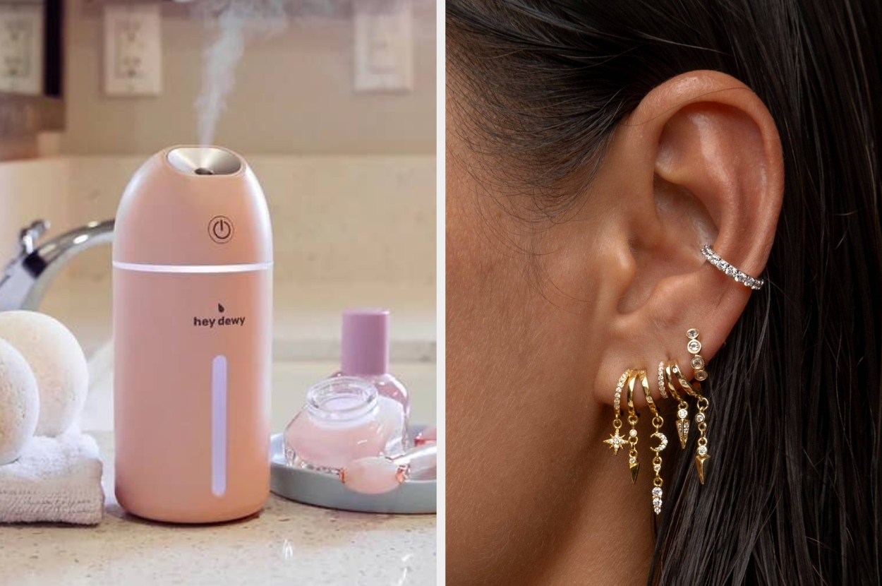A compact humidifier releasing mist next to beauty products; close-up of an ear adorned with various stylish gold earrings
