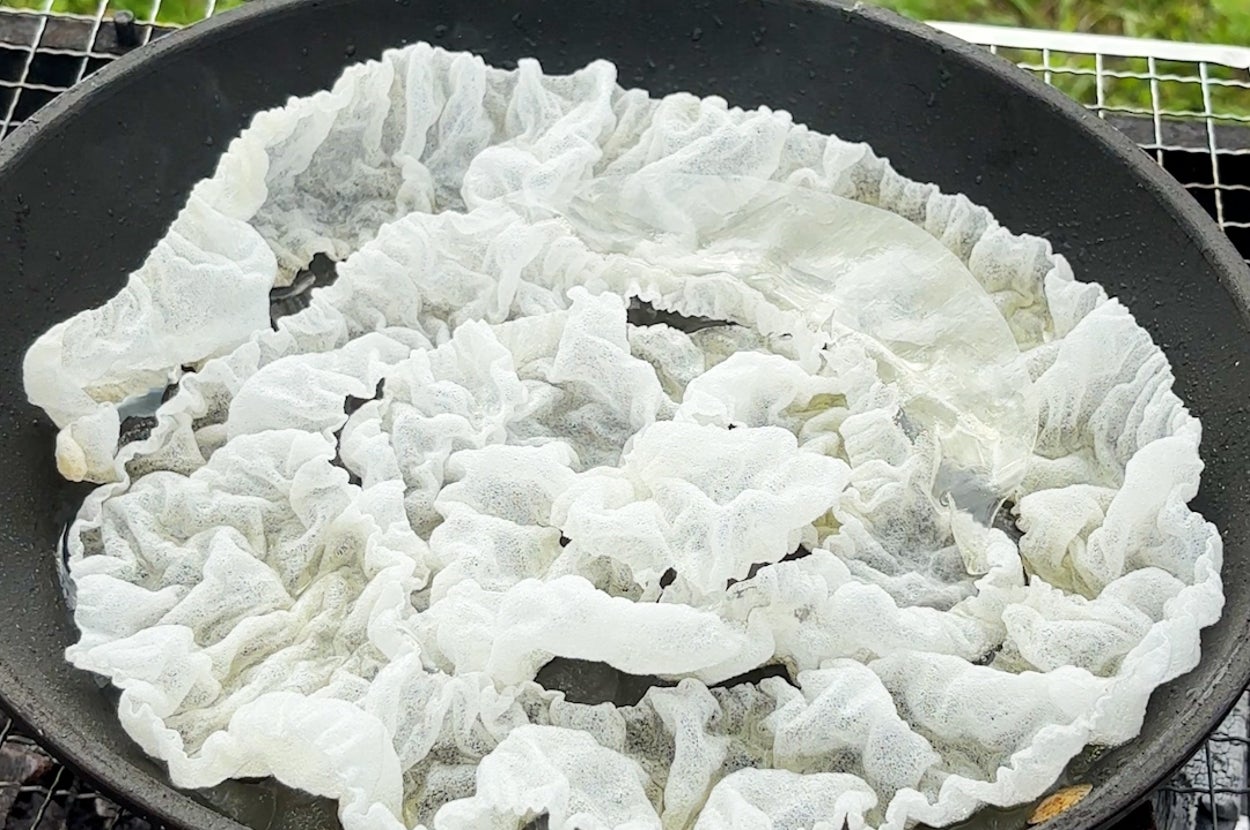 フライパンで調理中のしわ状の生春巻きの皮。背景に芝生が見える。