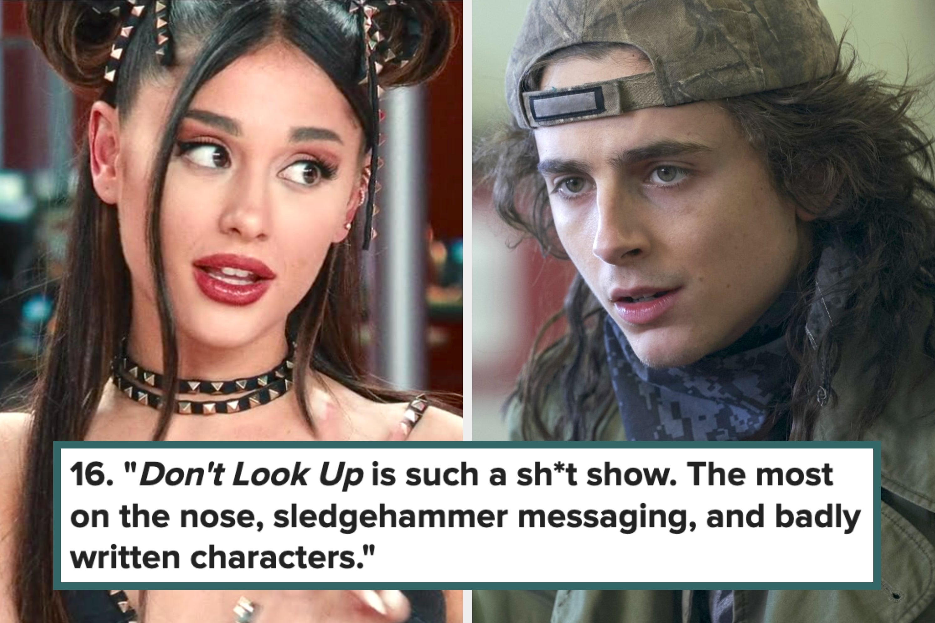 Side-by-side photos of two actors; one wears glasses and a plaid shirt, the other in a backward cap. Text criticizes the film "Don't Look Up."