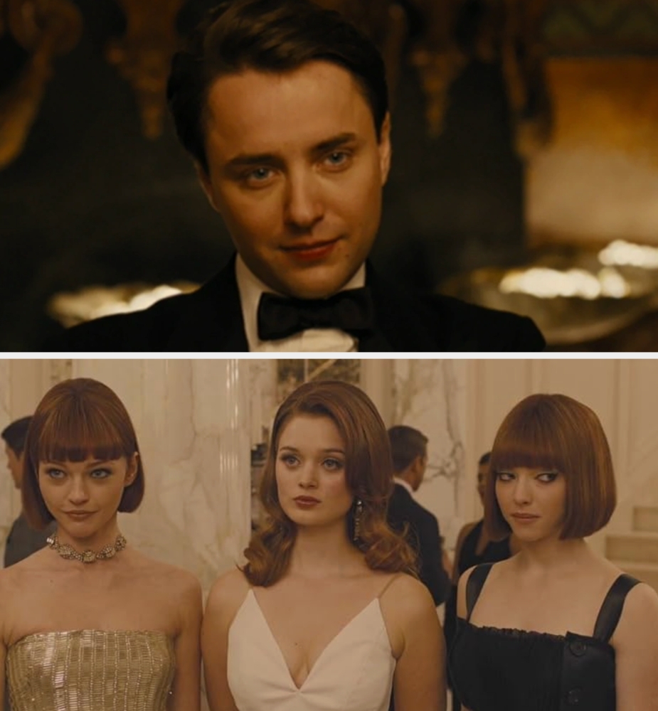 A man in a formal suit smiles subtly. Three women in stylish evening dresses stand together, each with distinct hairstyles