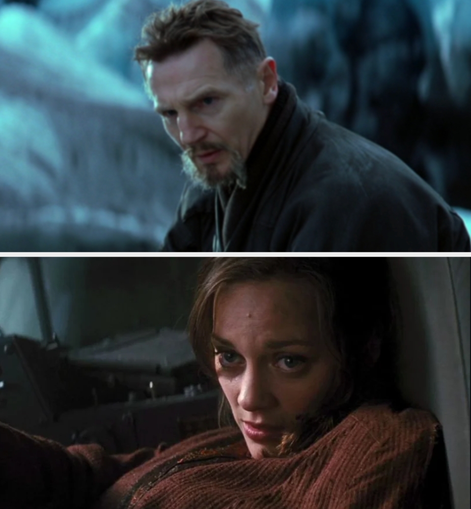 Top, a serious-looking man in a coat. Bottom, a woman in a turtleneck looks tense, lying on a surface