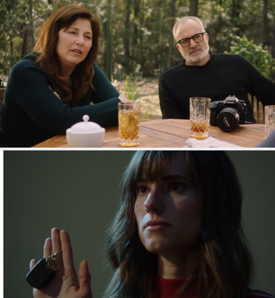 Top, two people at an outdoor table; bottom, person holding a key, looking determined