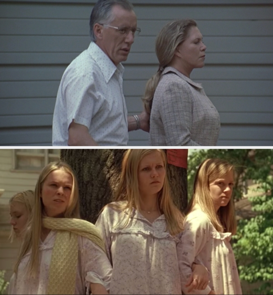A concerned couple outside, followed by three young women in nightgowns holding hands near a tree