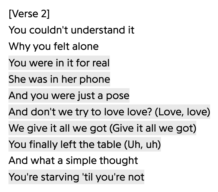 Summary of song lyrics discussing feelings of isolation, communication issues, and efforts in love. Ending with a thought on emotional starvation
