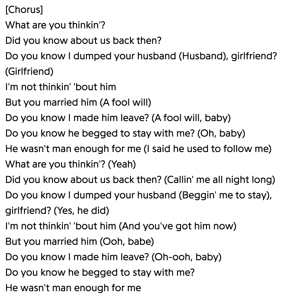 Lyrics about realizing a man wasn&#x27;t enough for a partner, involving themes of past relationships and choices