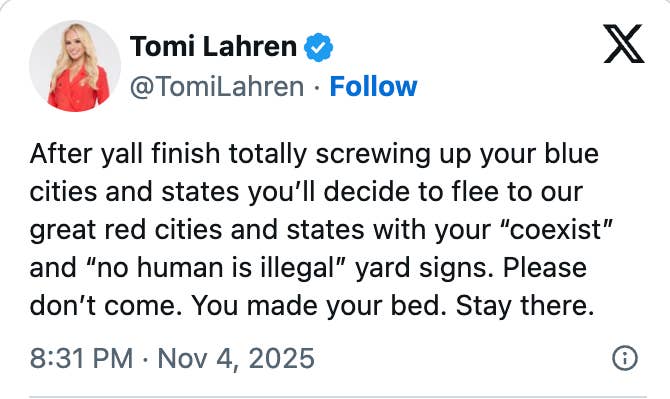 Summary of a tweet by Tomi Lahren criticizing migration from blue to red states
