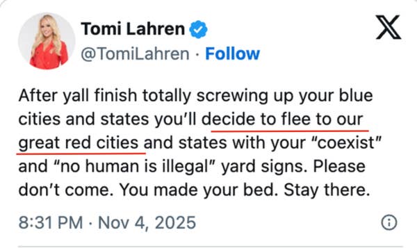 Tweet by Tomi Lahren criticizing migration from "blue" to "red" states, urging people to remain in their original locations