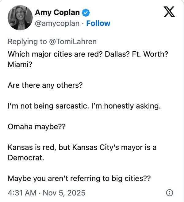 Screenshot of a tweet questioning which major U.S. cities are Republican-leaning, mentioning cities like Dallas, Fort Worth, Miami, and Omaha