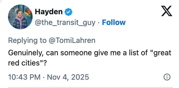 Screenshot of a social media post asking for a list of "great red cities," in reply to another user