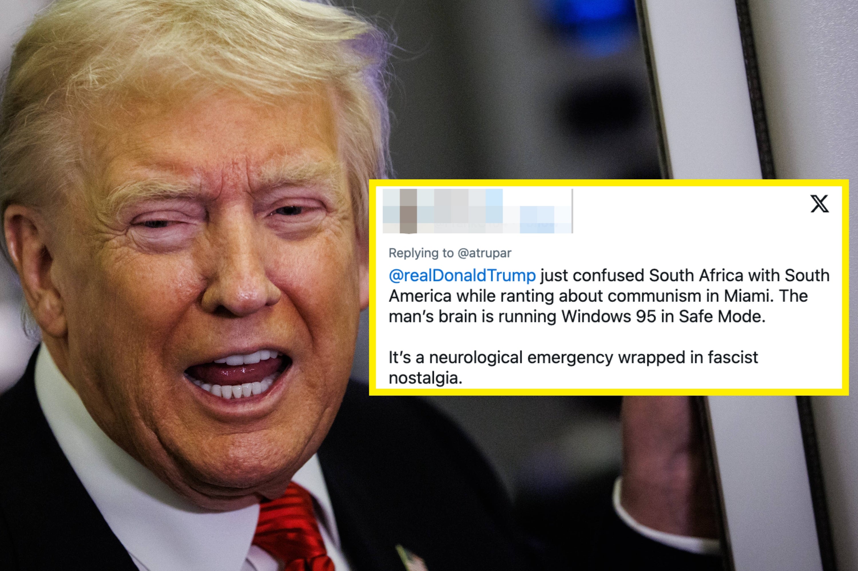 Donald Trump speaks to reporters aboard Air Force One en route to the White House stands beside highlighted tweet critiquing a speech confusing South Africa with South America and describing it as chaotic