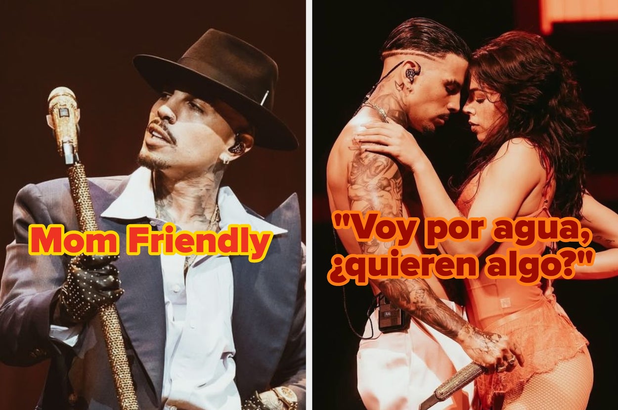 Imagen dividida: izquierda, hombre con sombrero y bastón en el escenario; derecha, pareja en ropa ajustada, mensaje humorístico en español sobre ir por agua