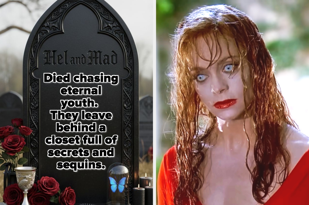 Split image: Left, humorous tombstone reads "Died chasing eternal youth." Right, character with wide eyes, wet hair, and dramatic expression in a scene