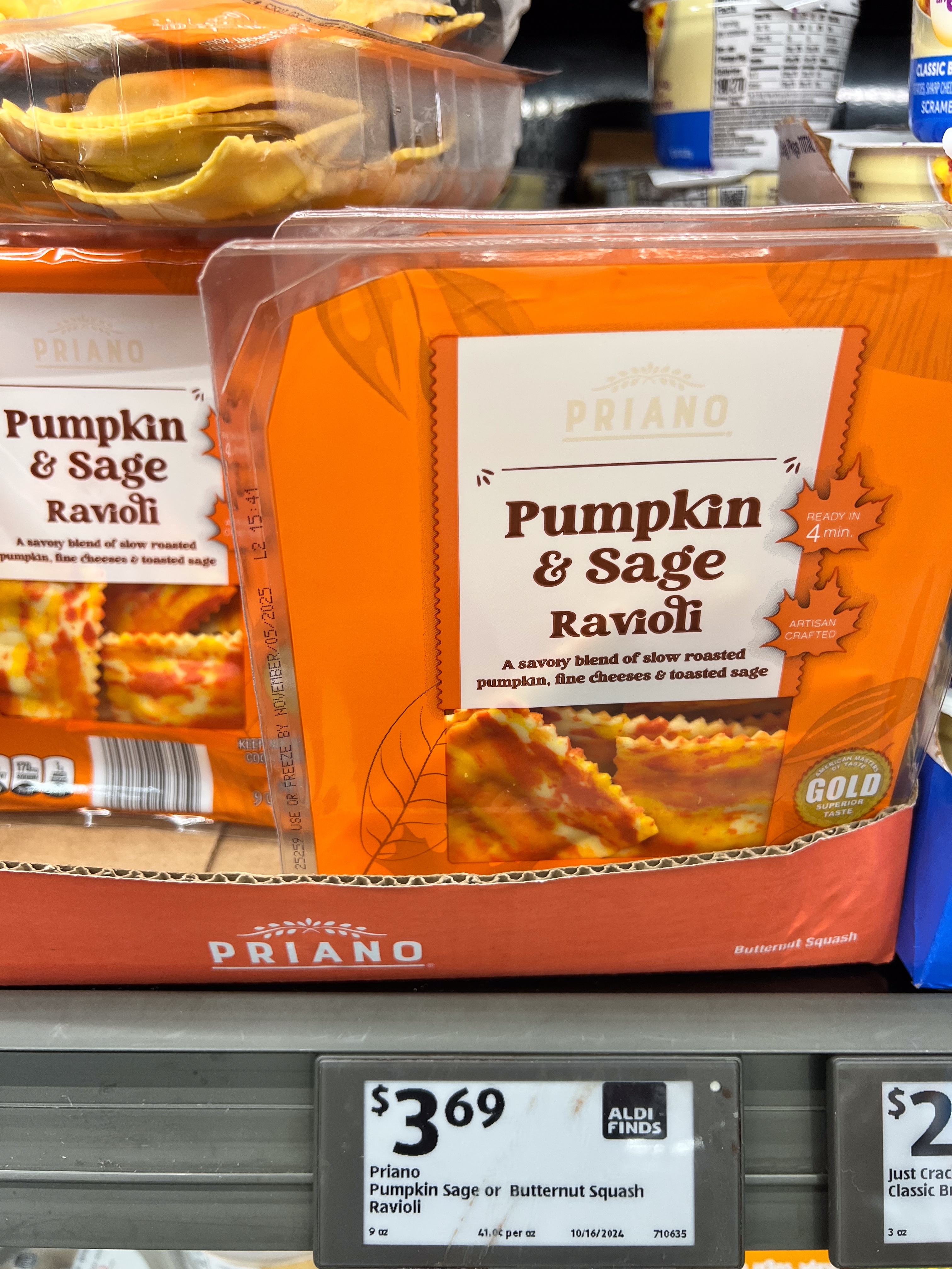 Package of Priano Pumpkin &amp;amp; Sage Ravioli with price tag, $3.69, on a store shelf
