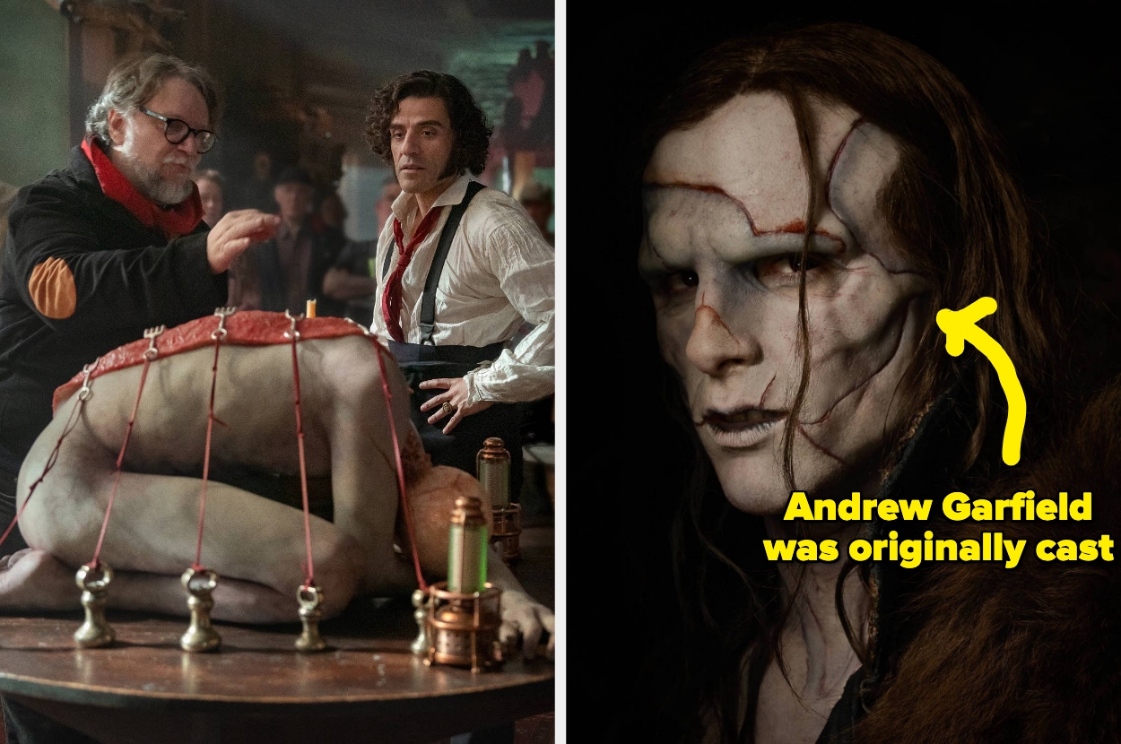 Two men on a film set with a model figure on the left; right shows a character with dramatic prosthetics and text about Andrew Garfield casting