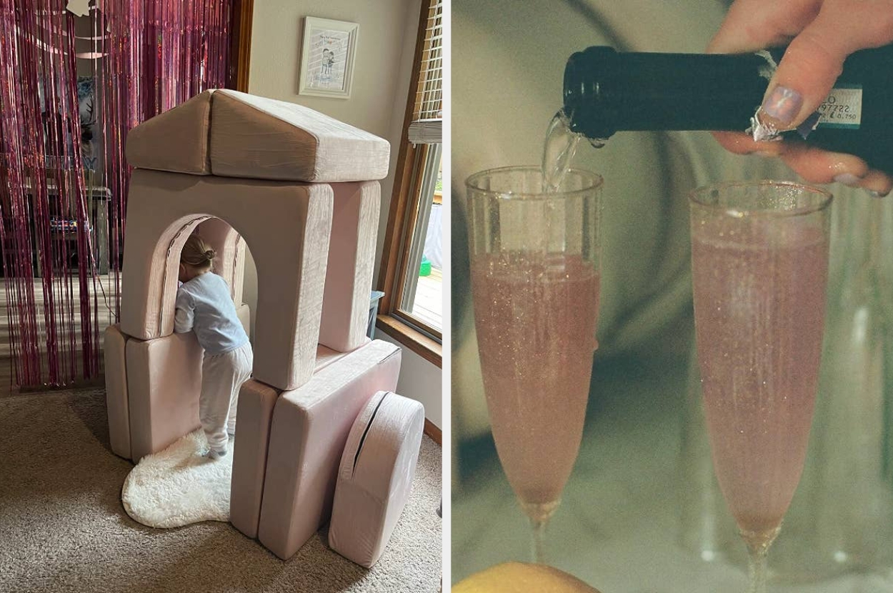 Left: Child plays in a soft playhouse. Right: Sparkling drink poured into champagne flutes