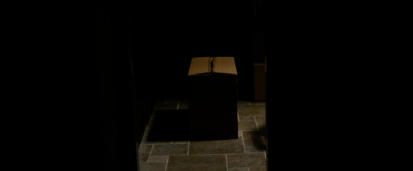 A closed cardboard container  connected  a acheronian  tiled floor, partially lit