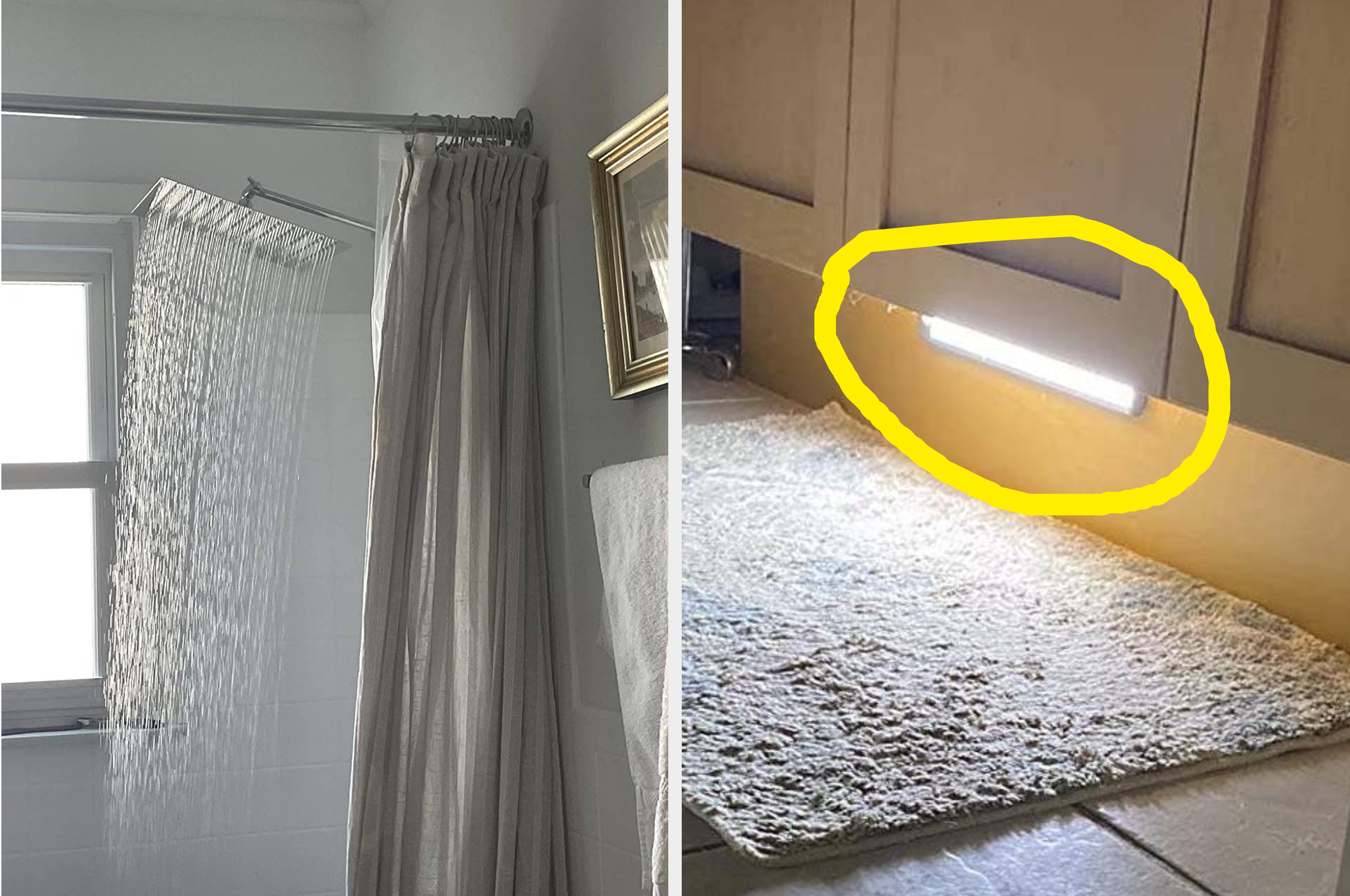 Left: A shower with a rainfall head and beige curtain. Right: A cabinet with an under-light illuminating a floor rug